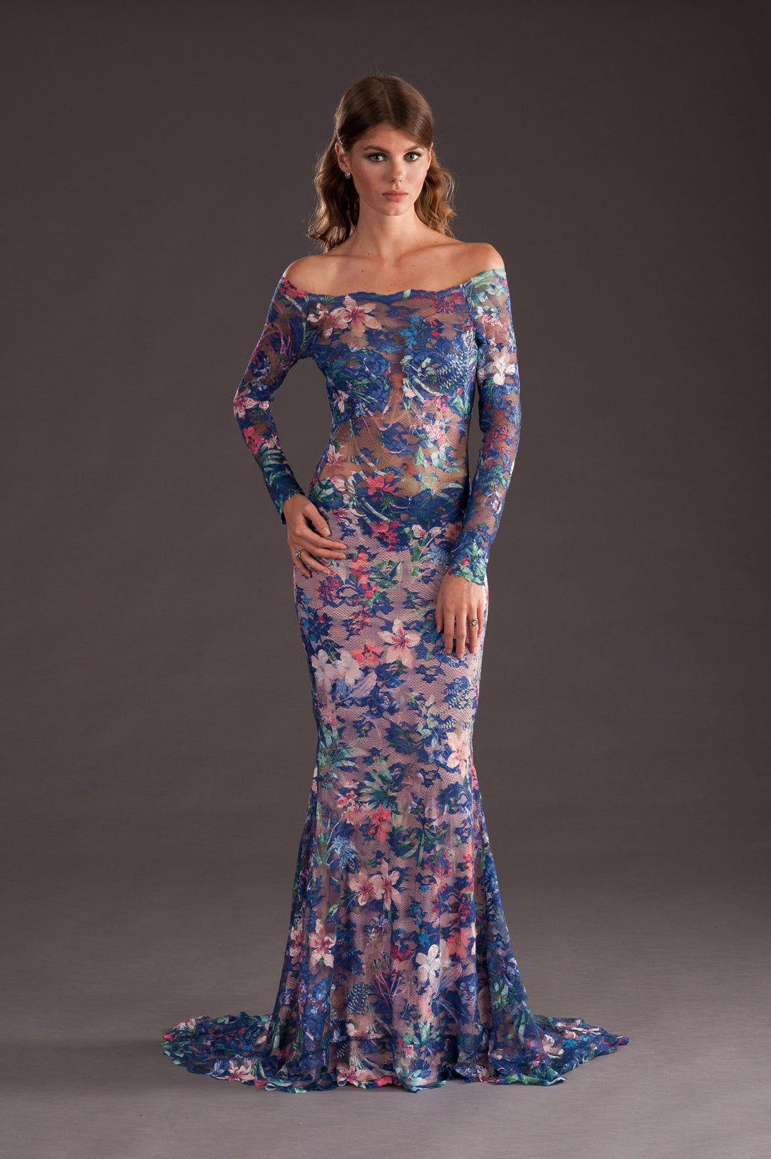 Floral Print Lace Gown-0