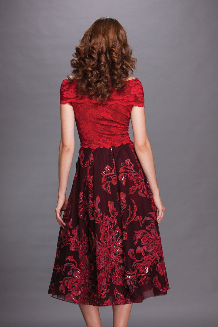Red off-shoulder lace dress with tutu skirt-1