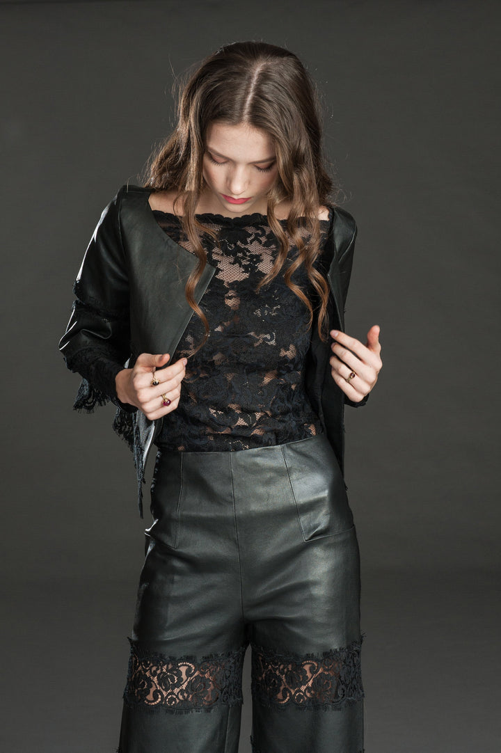 Faux Leather Bolero with Lace-4