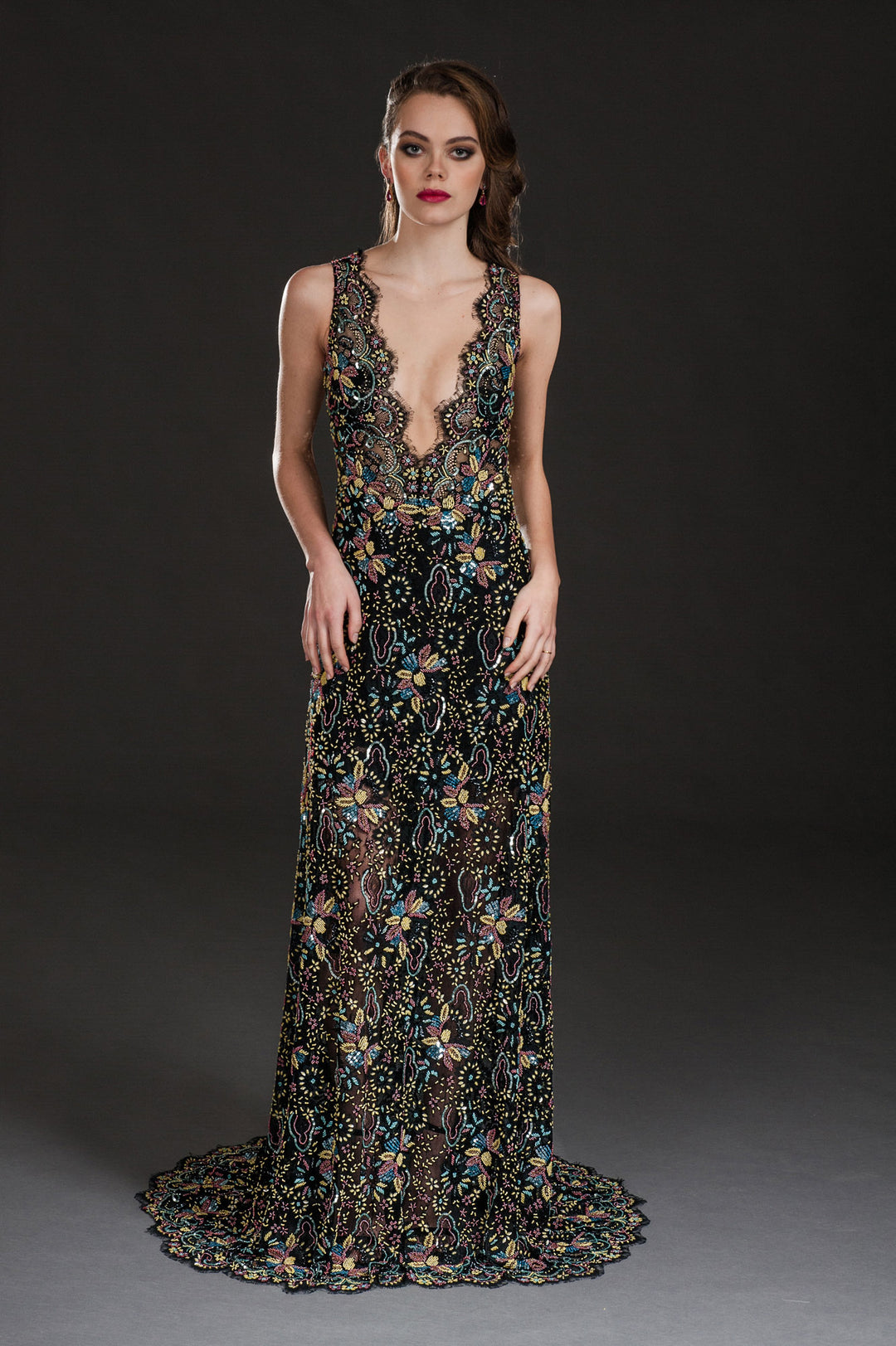 Mesh embellished plunge neck gown-0