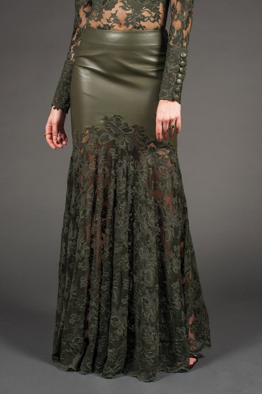 Lace & Vegan Leather Long Skirt-1