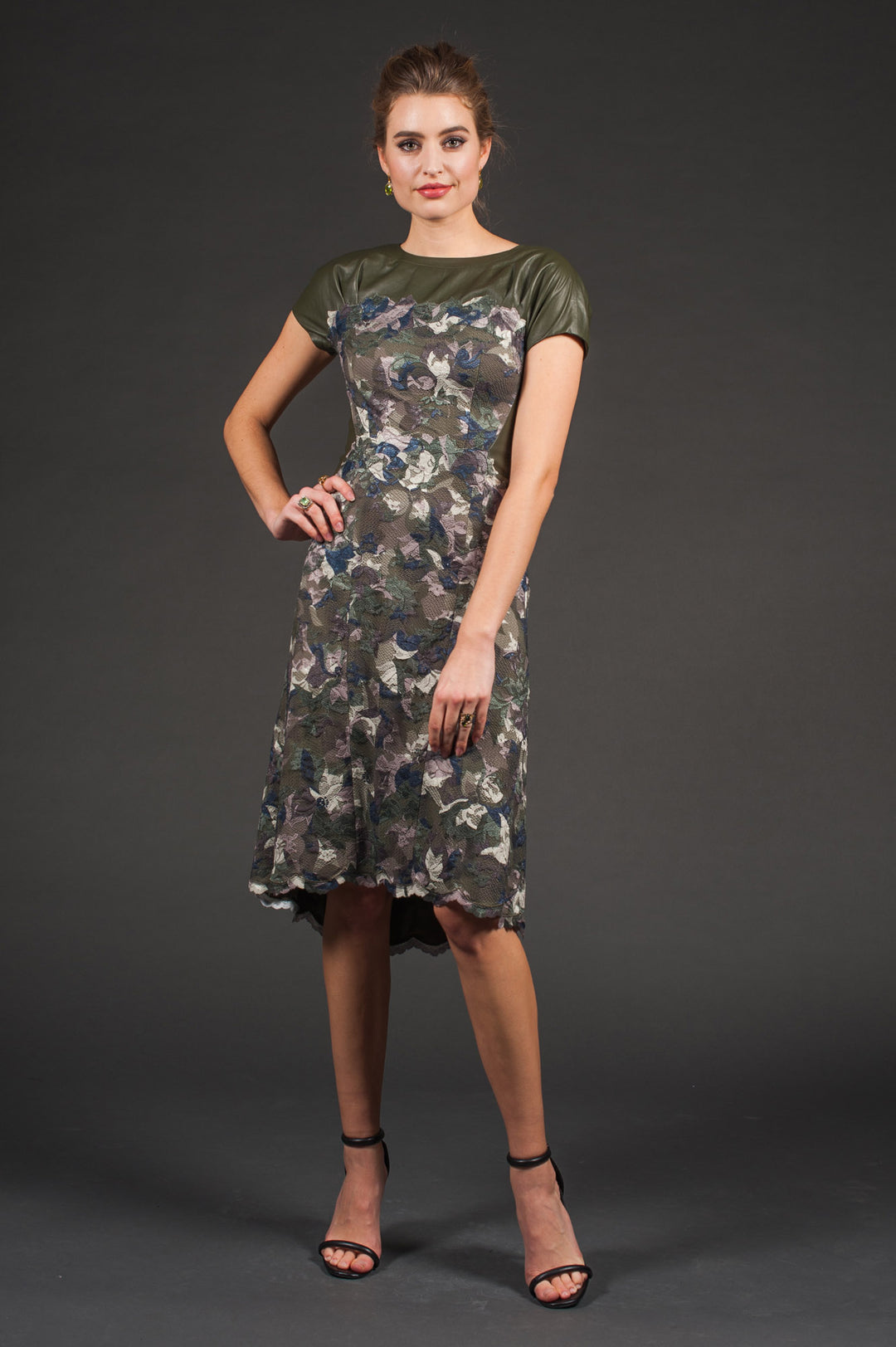 Dark Green Floral Lace Dress-0