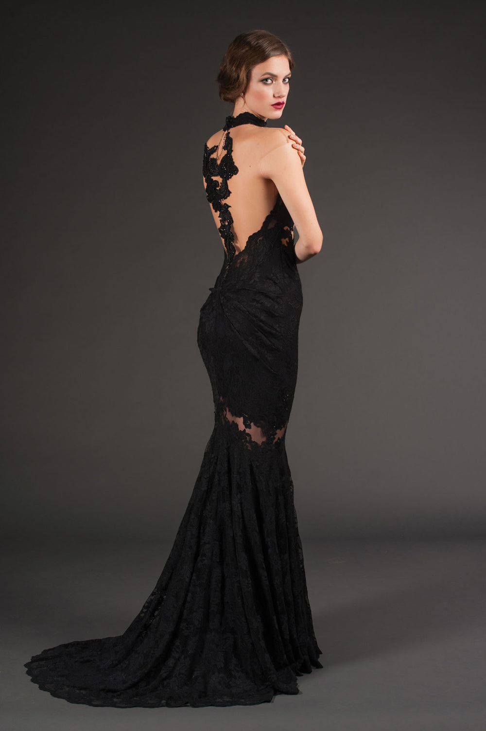 Black Lace Gown with Sheer Details-1
