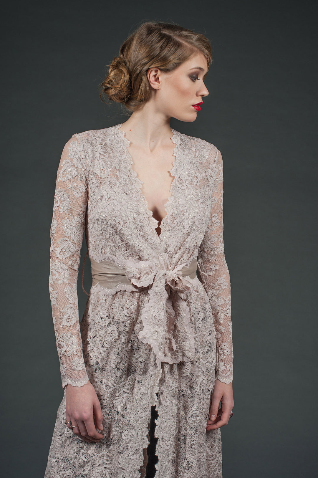 Nude Lace Cardigan with Leather Belt-4
