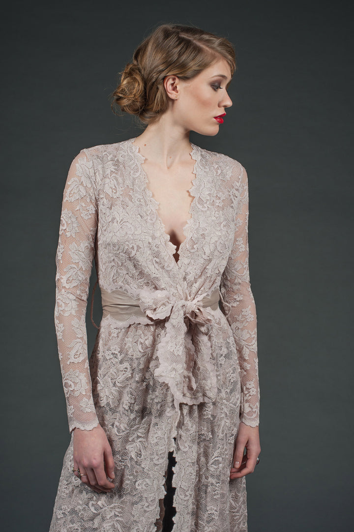 Nude Lace Cardigan with Leather Belt-4