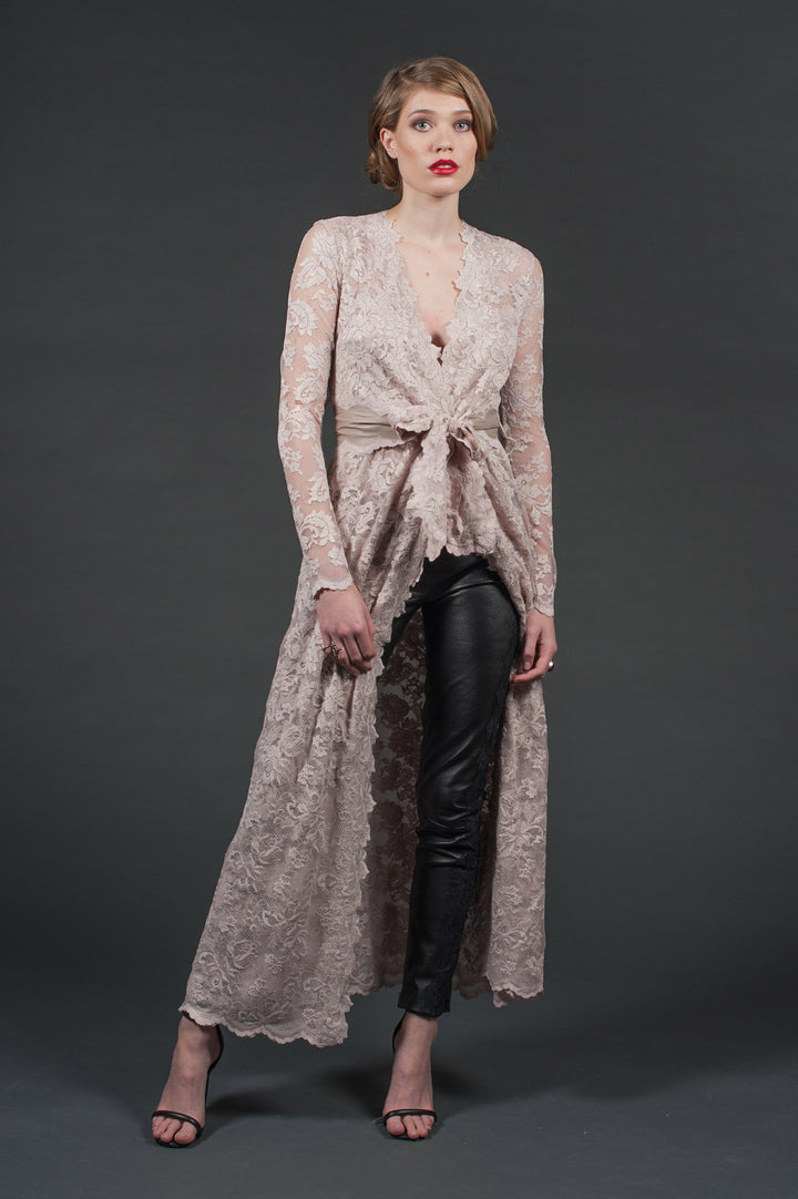 Nude Lace Cardigan with Leather Belt-0