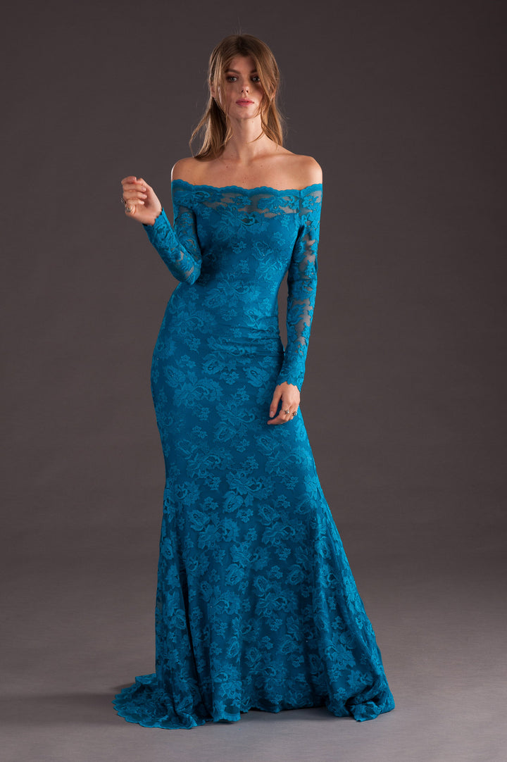 Blue Off-Shoulder Long Gown-1
