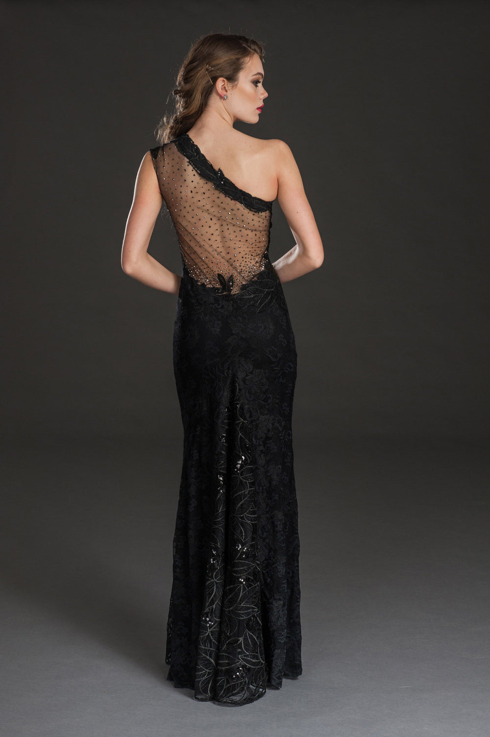Black embellished one-shoulder slit gown-1