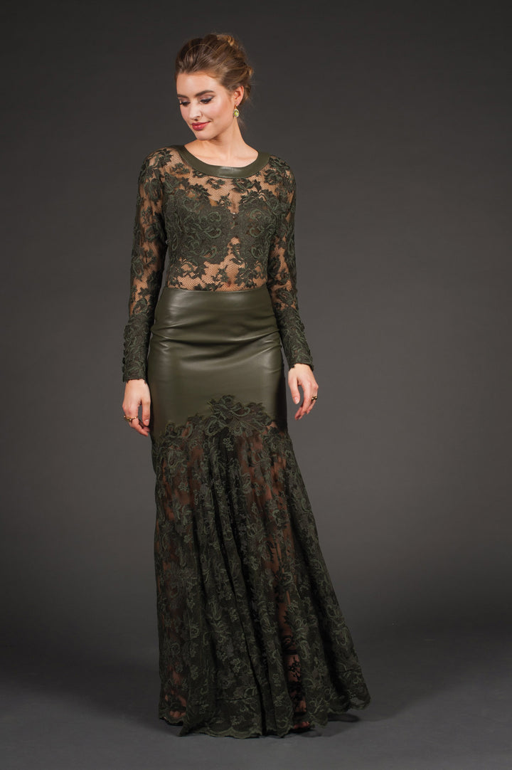 Lace & Vegan Leather Long Skirt-4