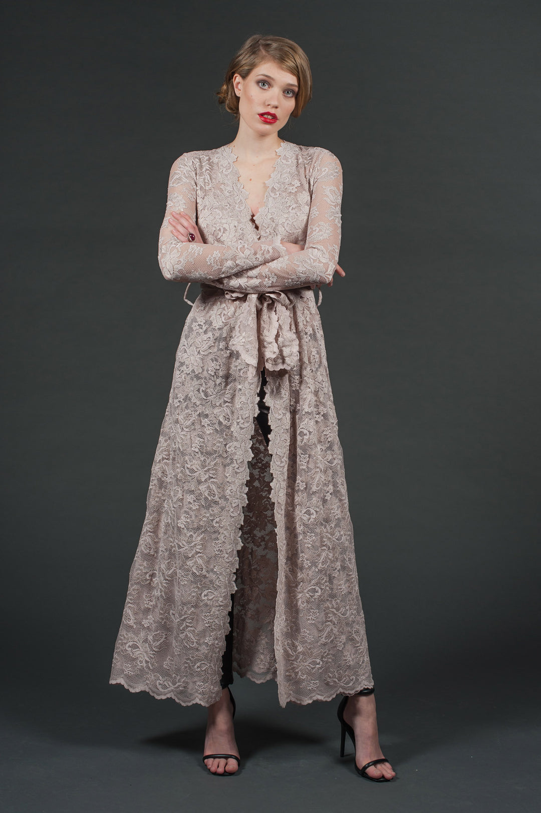 Nude Lace Cardigan with Leather Belt-2