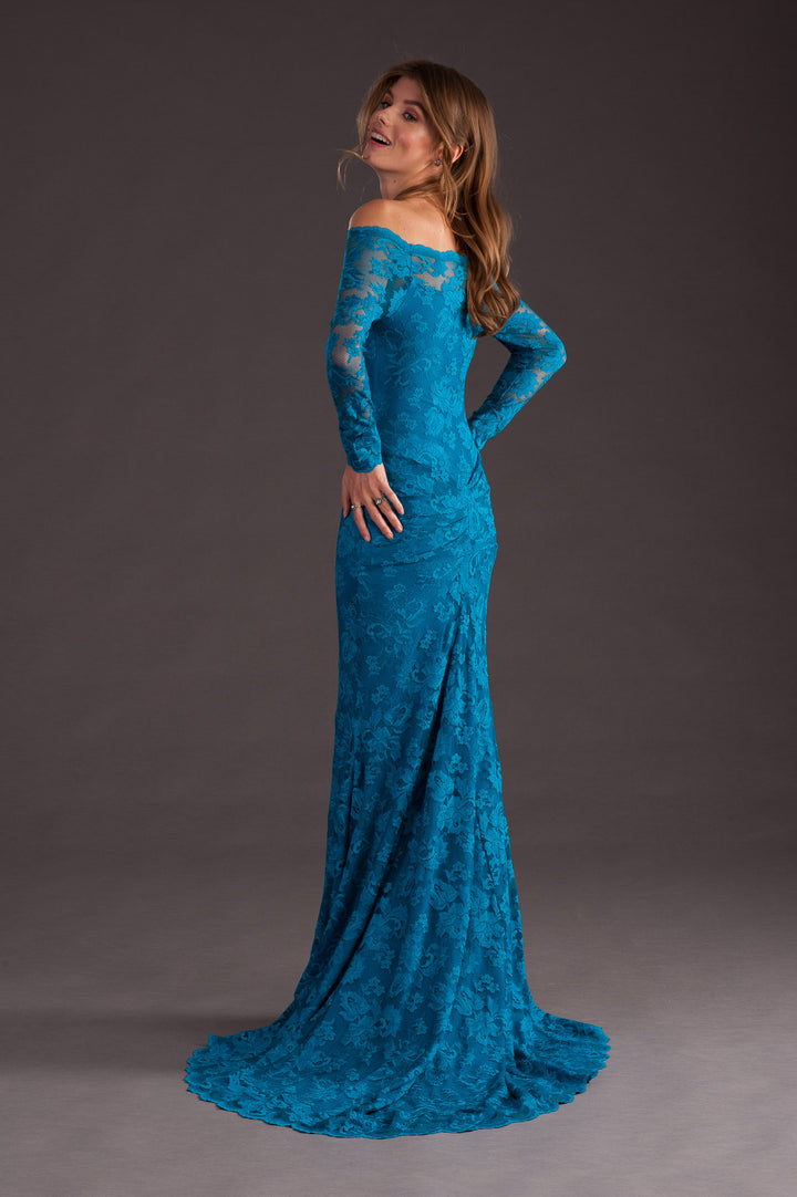 Blue Off-Shoulder Long Gown-5