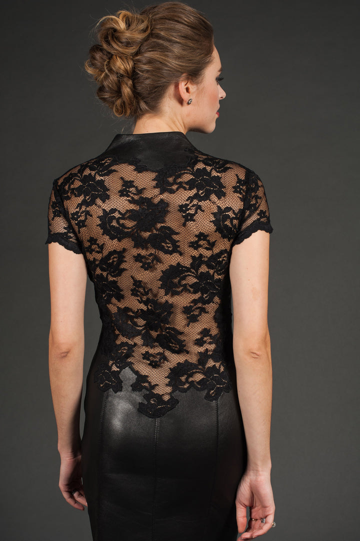 Black Genuine Leather & Lace Cocktail Dress-4