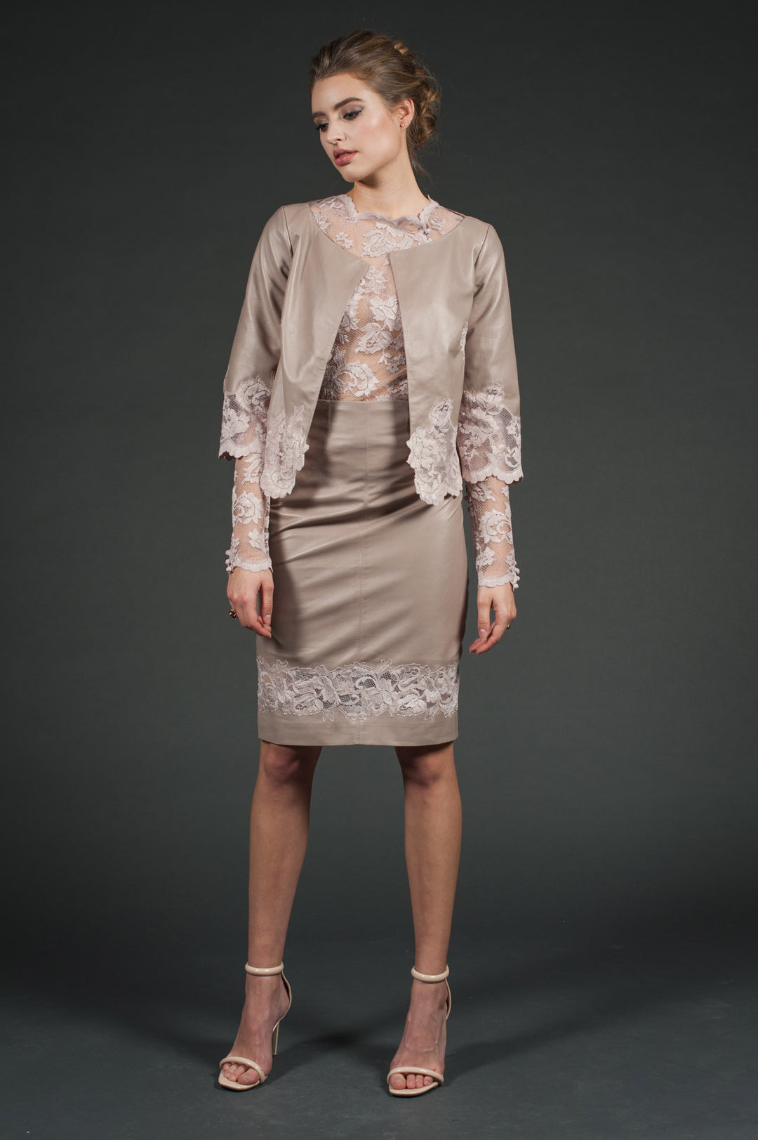 Nude Genuine Leather Bolero jacket with lace sleeves-0