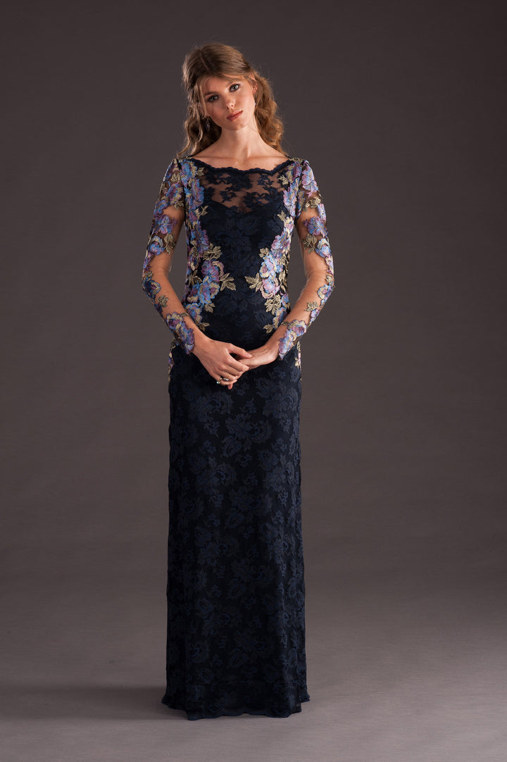 Long Lace Gown with Floral Applications-0