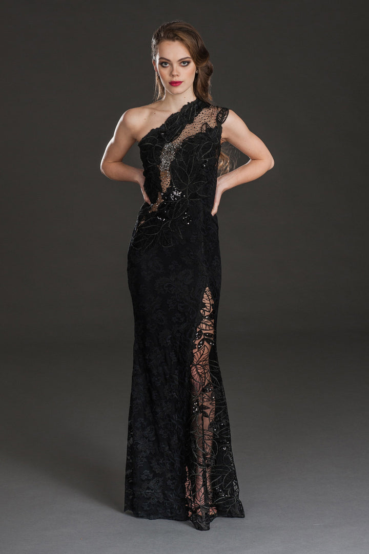 Black embellished one-shoulder slit gown-0