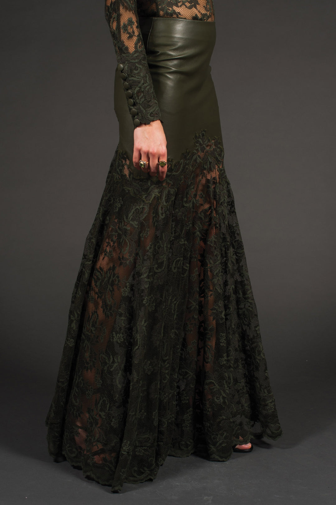 Lace & Vegan Leather Long Skirt-3