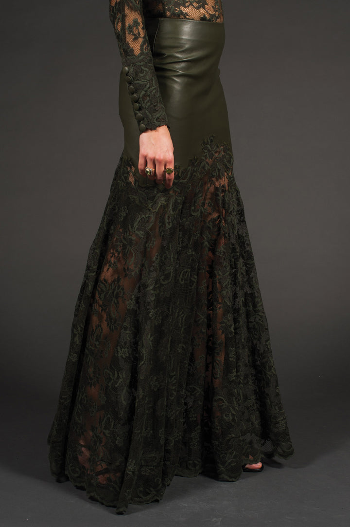 Lace & Vegan Leather Long Skirt-3