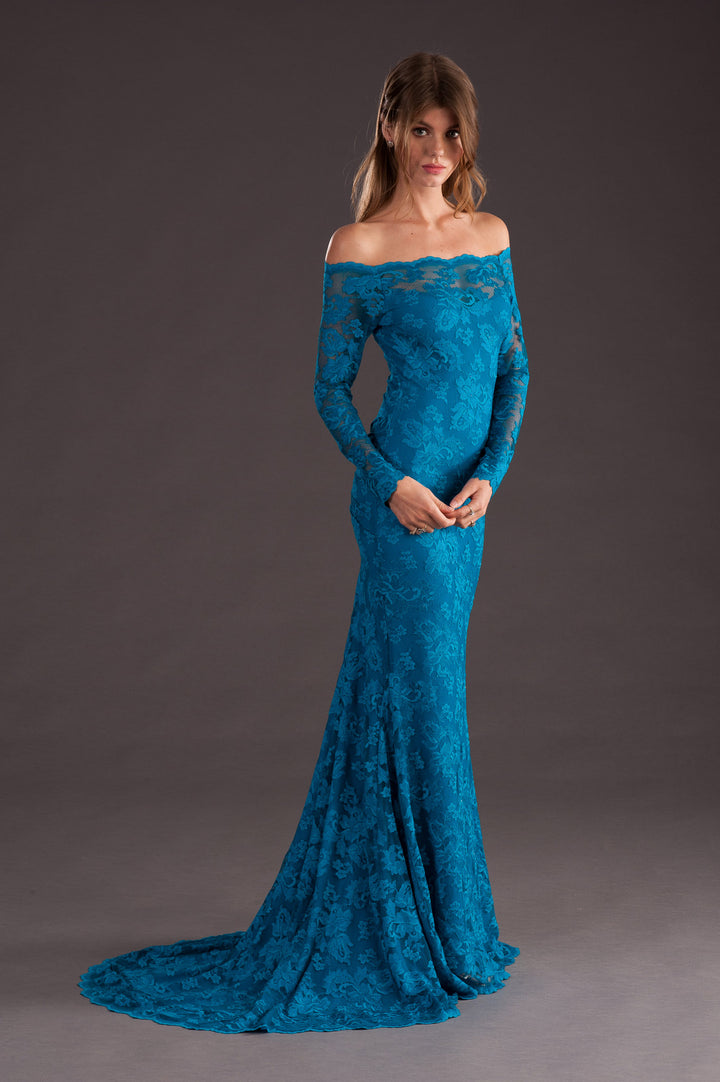 Blue Off-Shoulder Long Gown-4