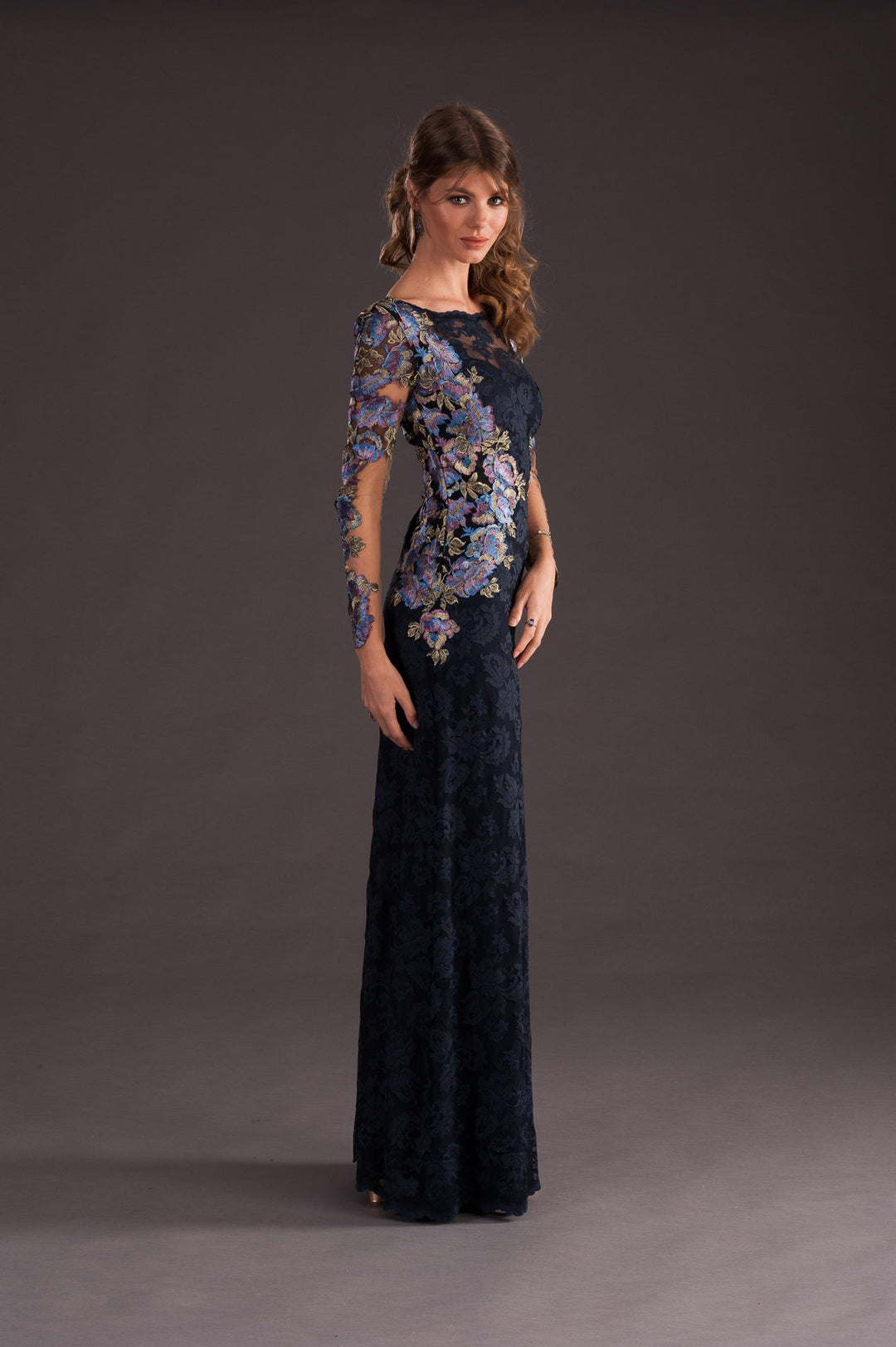 Long Lace Gown with Floral Applications-4