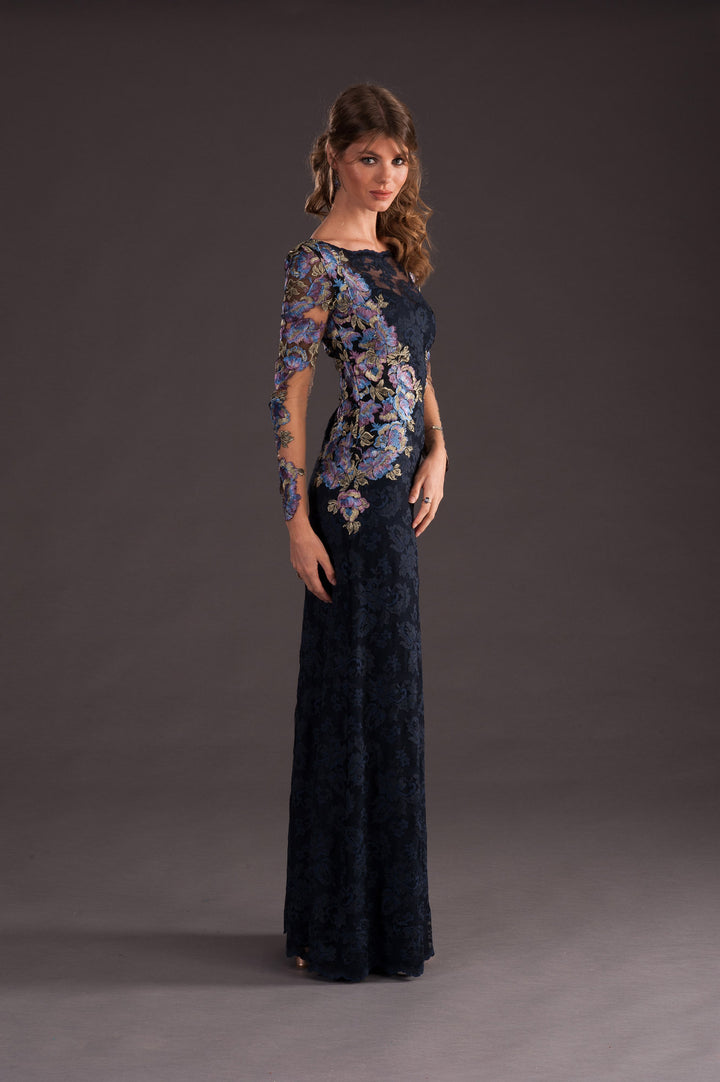 Long Lace Gown with Floral Applications-4