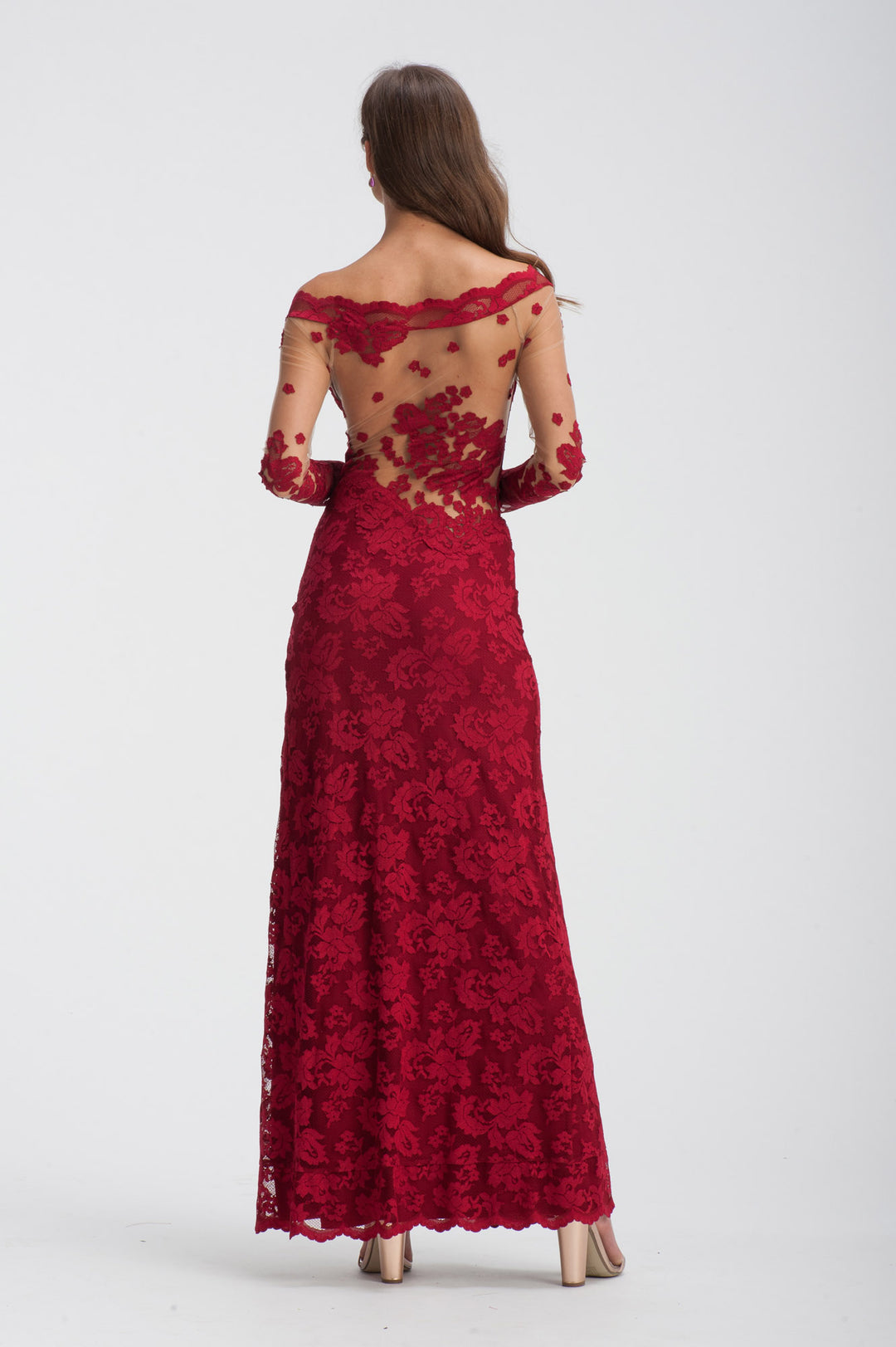 Sheer Long Sleeved Red Gown-1