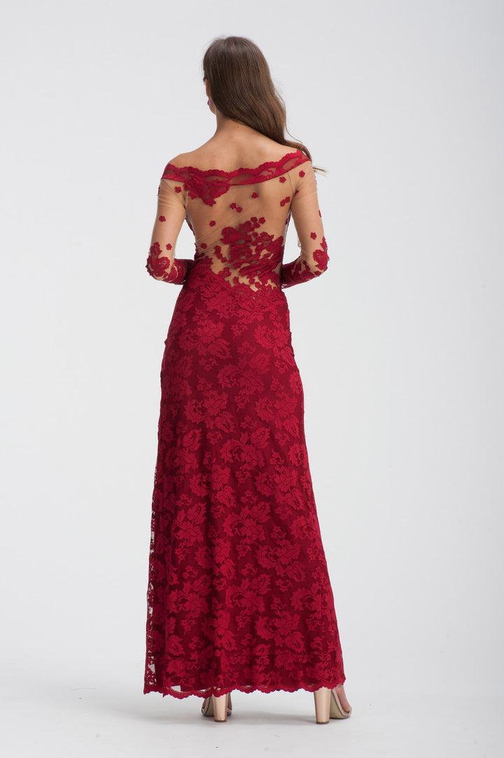 Sheer Long Sleeved Red Gown-1