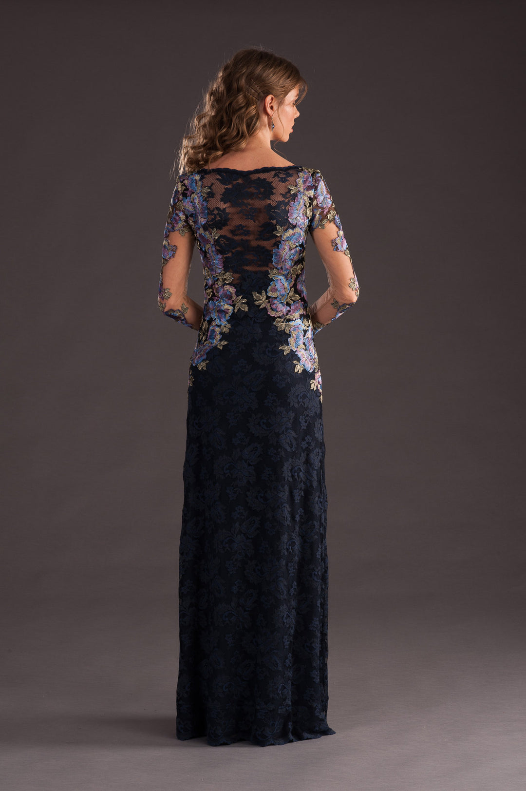 Long Lace Gown with Floral Applications-3