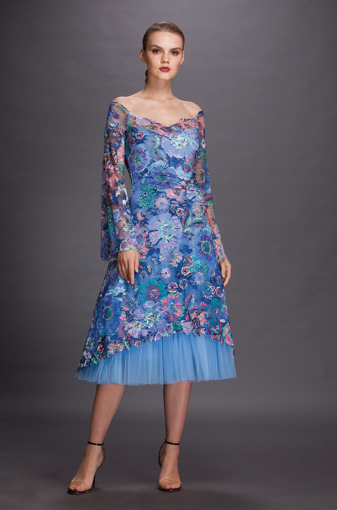 Printed dress with tulle skirt-2