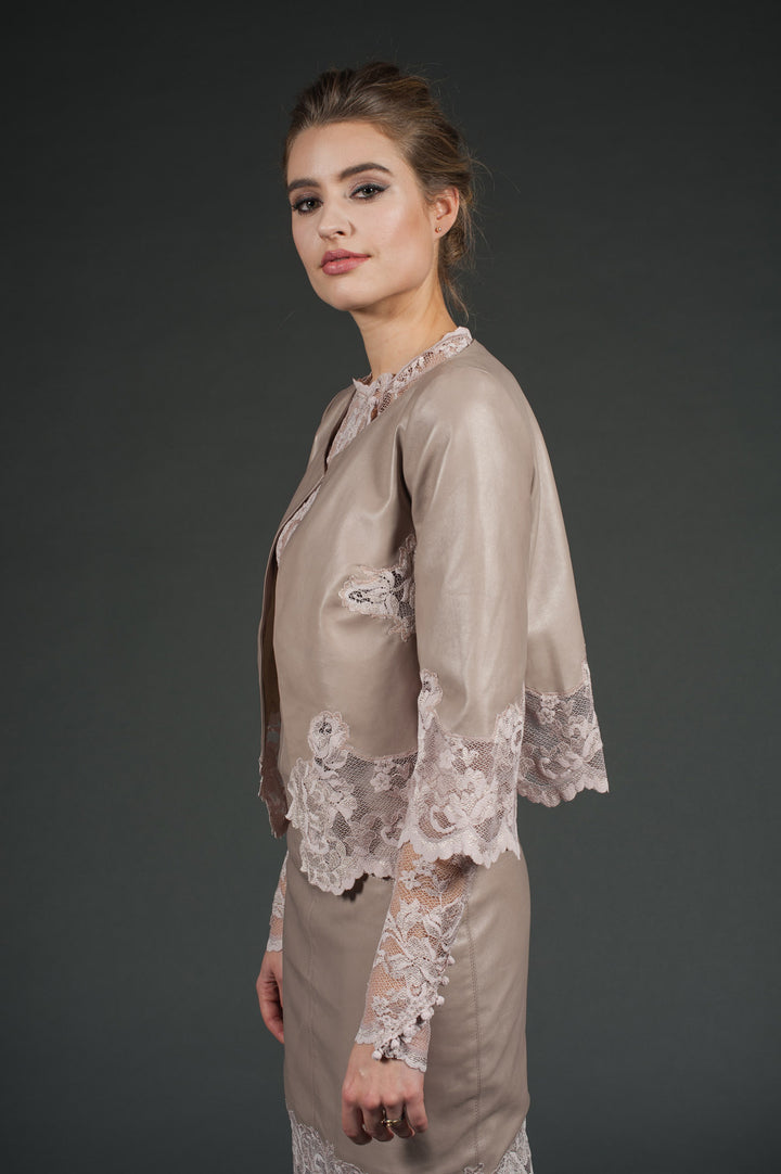 Nude Genuine Leather Bolero jacket with lace sleeves-2