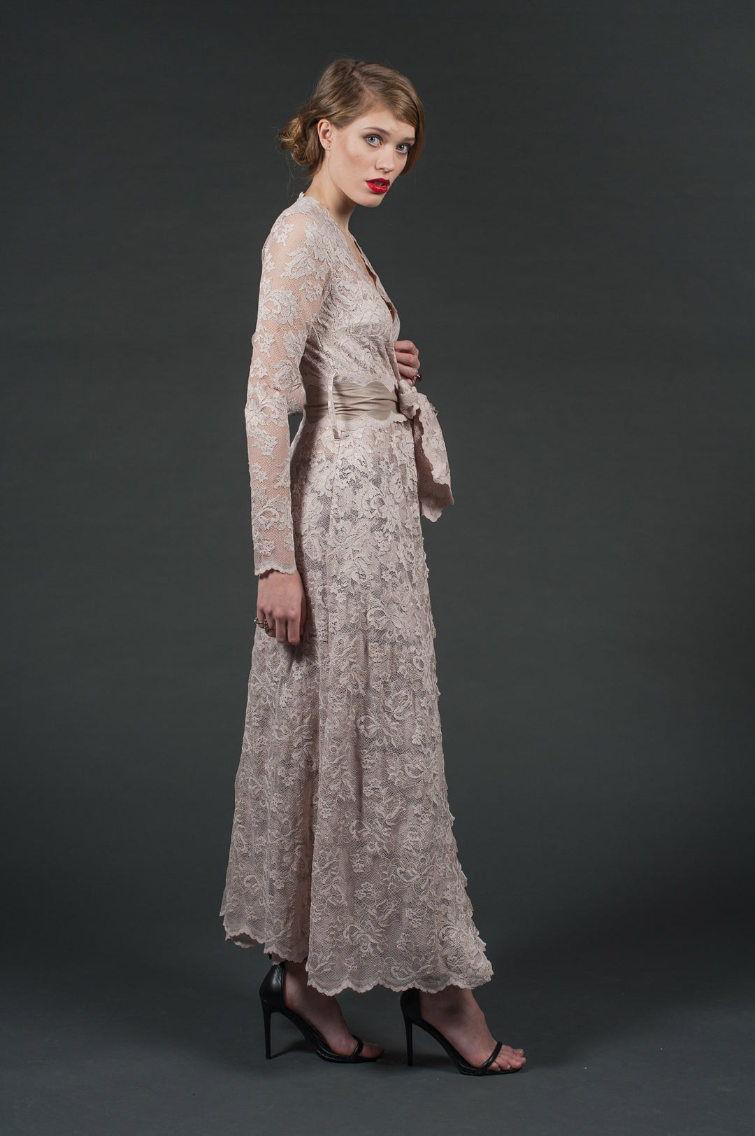 Nude Lace Cardigan with Leather Belt-3
