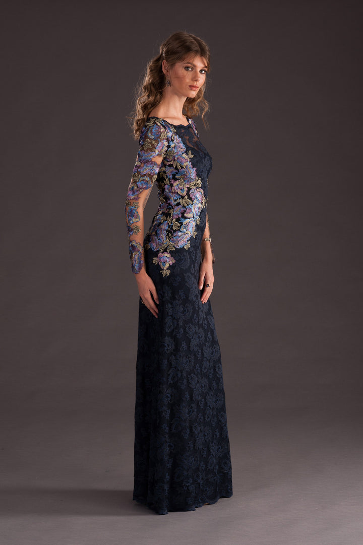 Long Lace Gown with Floral Applications-1