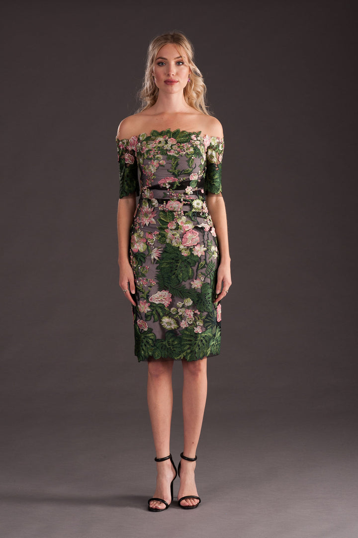 Off-Shoulder Dress with Floral Embroidery-0