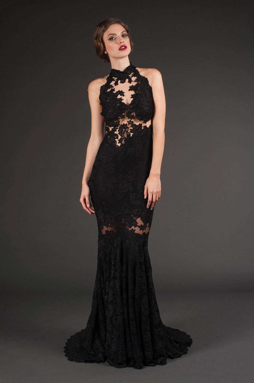 Black Lace Gown with Sheer Details-0