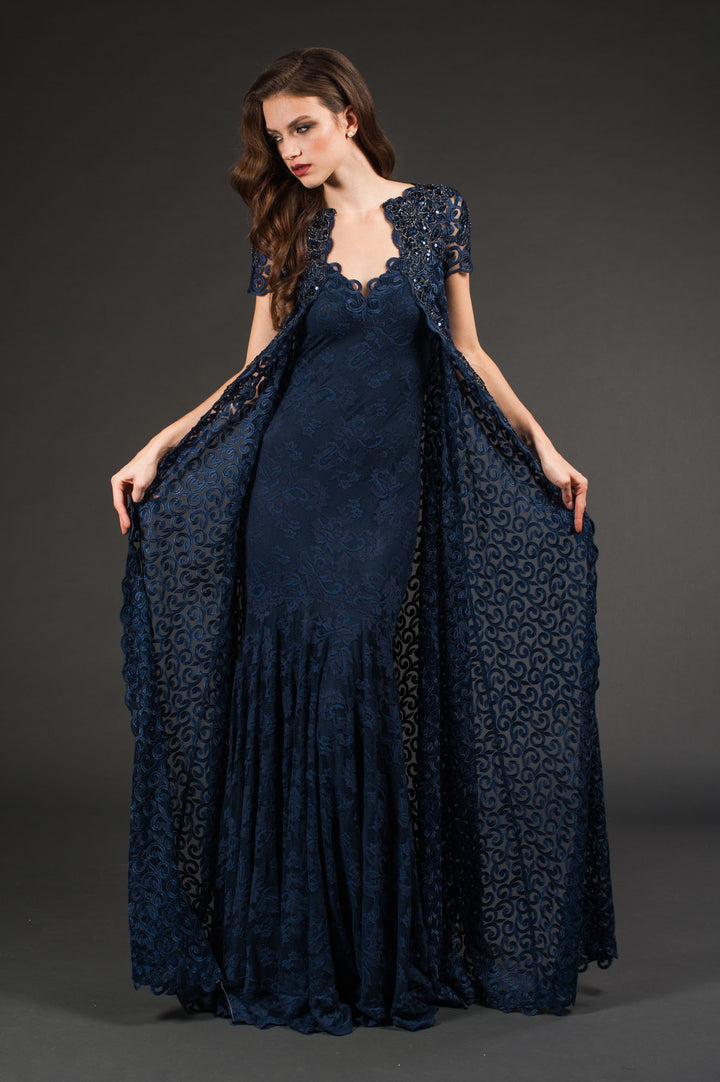 Navy Blue Lace Gown with Embellished Cape Overlay-0