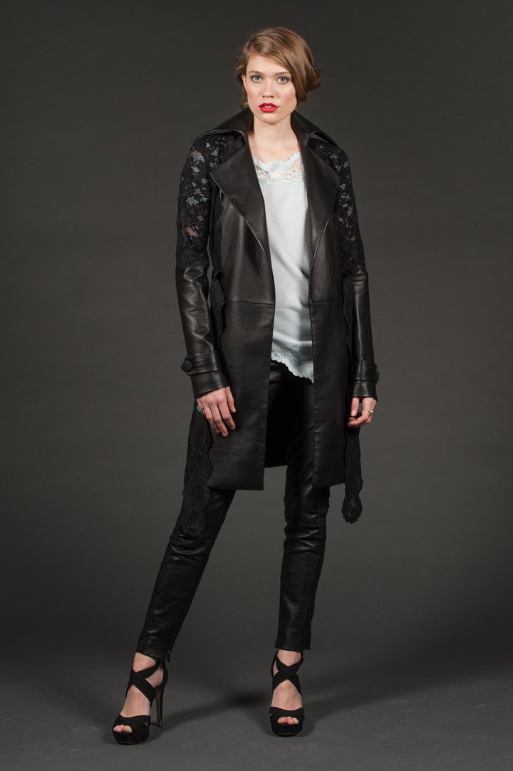 Black Genuine Leather Jacket with a Belt-6
