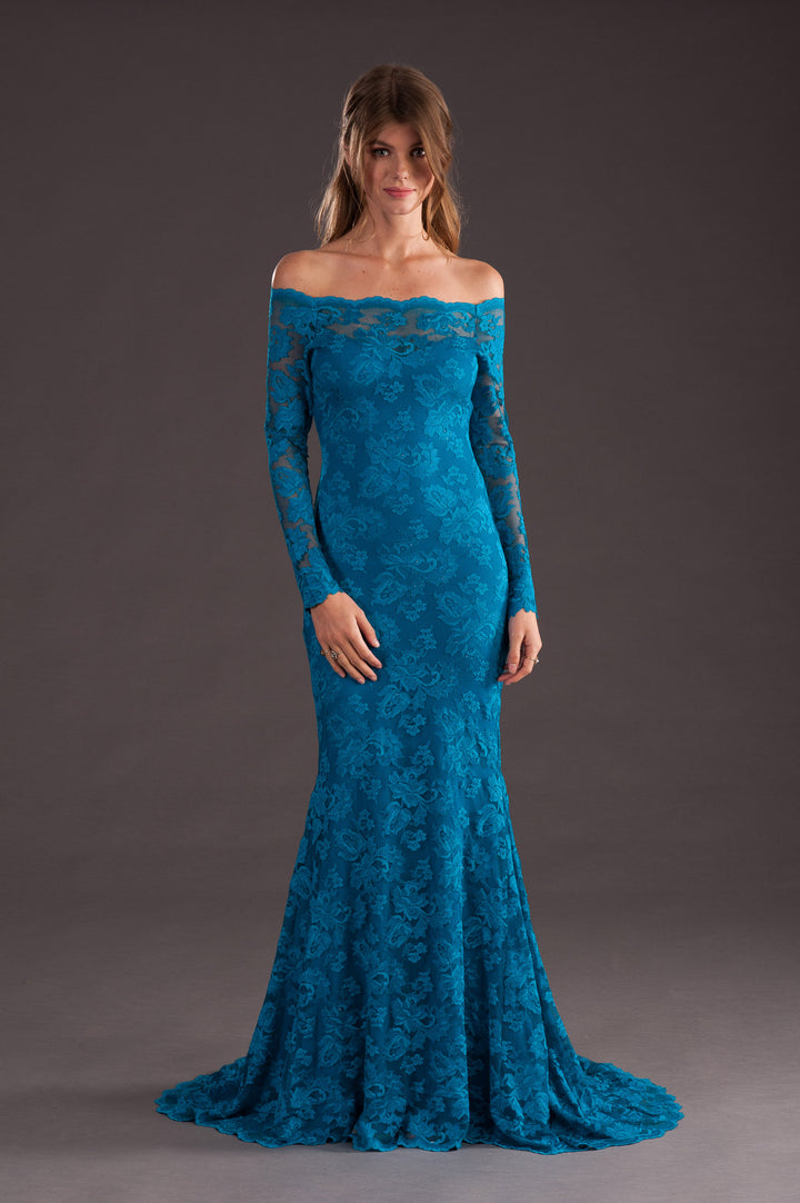 Blue Off-Shoulder Long Gown-0