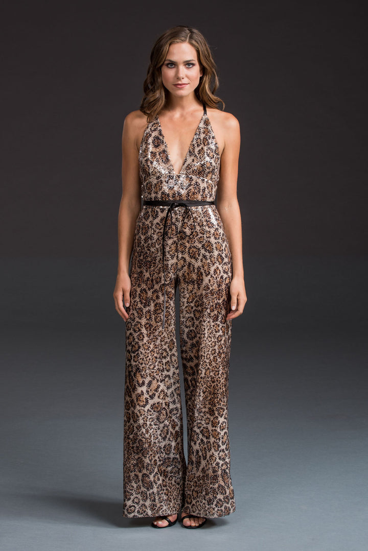 Leopard Print Sequin Maxi Jumpsuit-0