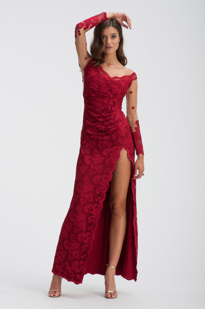 Sheer Long Sleeved Red Gown-0