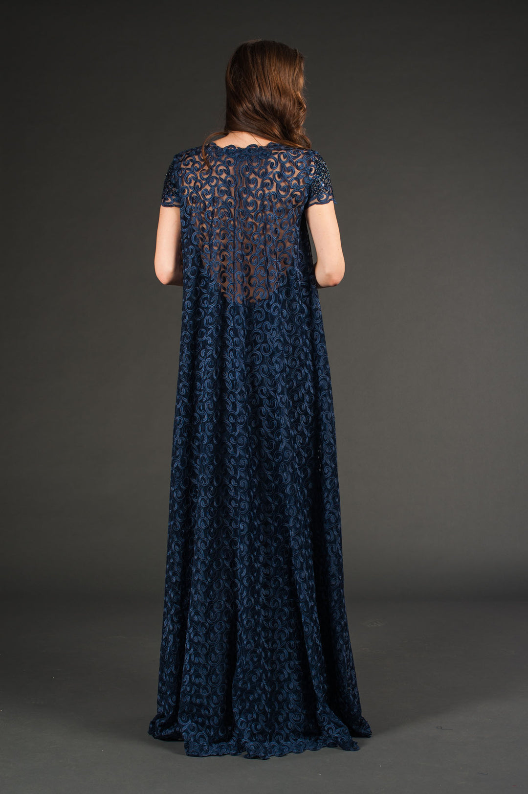 Navy Blue Lace Gown with Embellished Cape Overlay-1