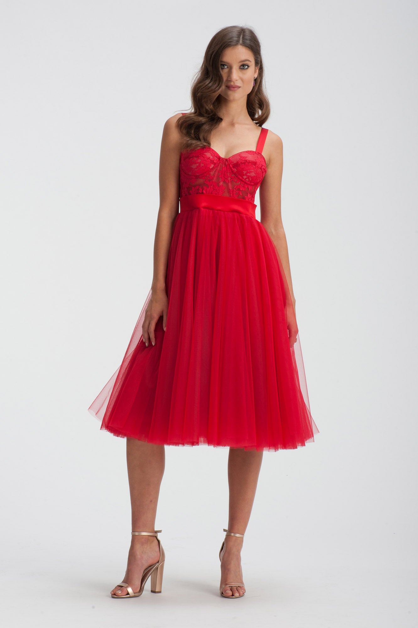 トップス VIVIANO Gathered Tulle Foodie Red Convertible Strap Tulle Ball Gown with 3D Flowers | David's Bridal