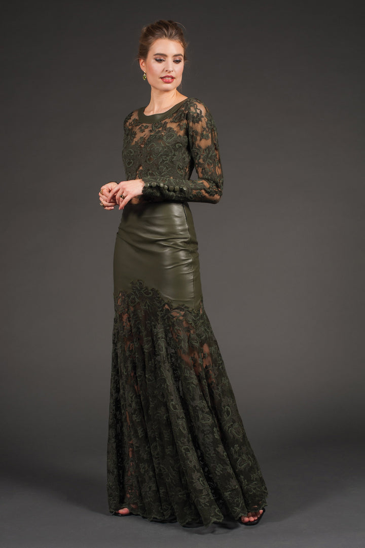Lace & Vegan Leather Long Skirt-0